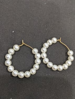 Gold & White Faux Pearl Hoop Earrings